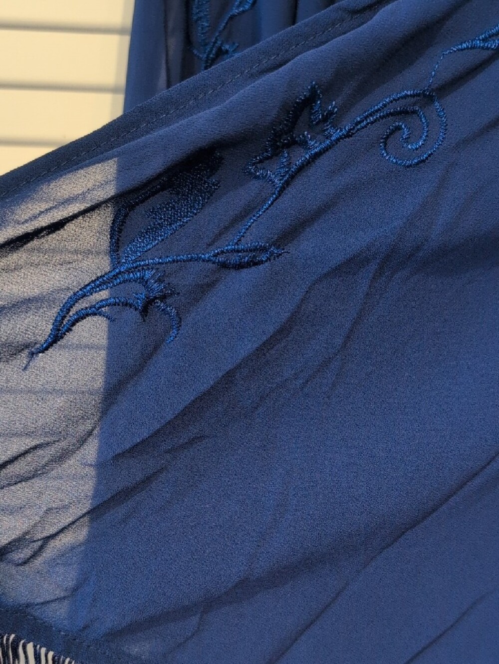 Forgotten Grace Embroidered Fringe Open-Front Shawl Shrug - Navy Size XL - Picture 5 of 7